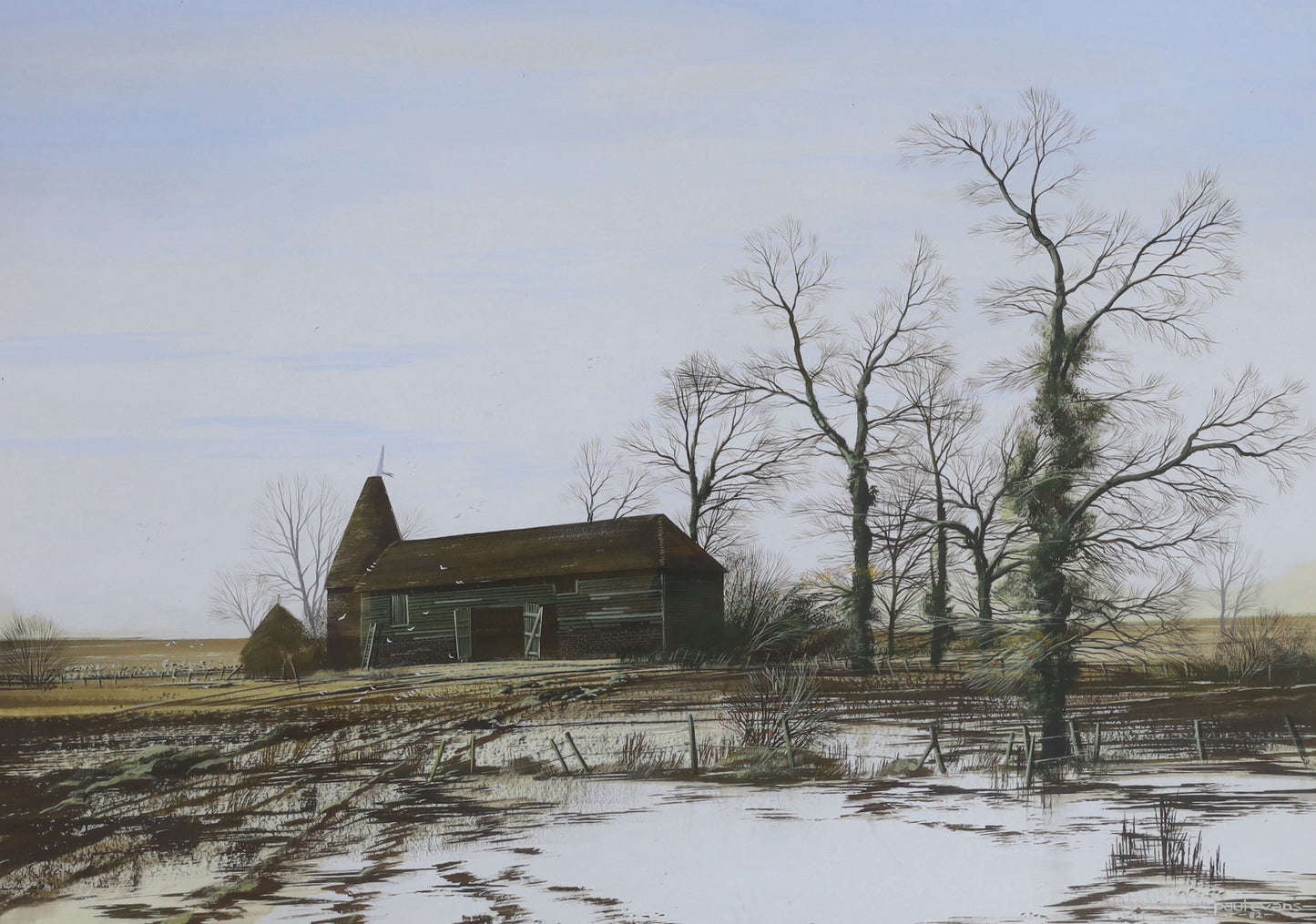 Paul Evans - Oast house in winter landscape