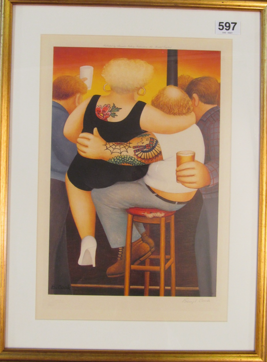 Beryl Cook - Two on a stool - A Signed and Framed Limited Edition Litho Print