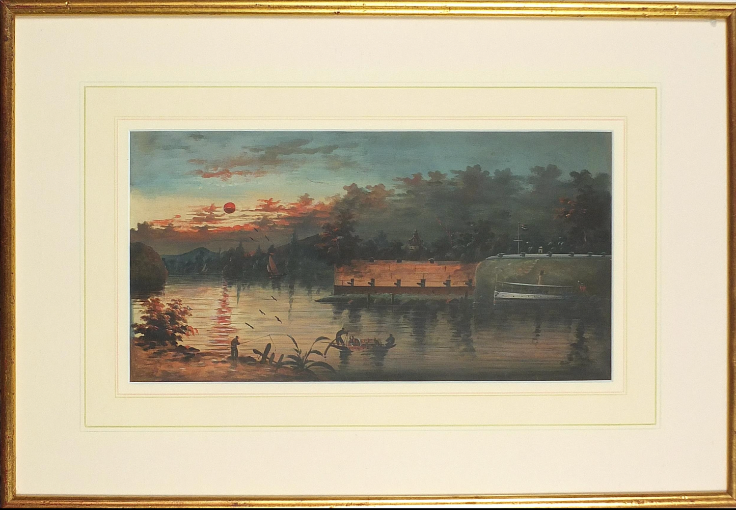 Original Framed Watercolour. Chinese river landscape with battleships and boats